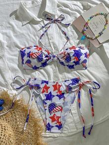 Bộ bikini hai mảnh kiểu dáng thời trang dành cho nữ, với họa tiết ngôi sao và sọc cờ Mỹ, chất liệu co giãn cao, có dây rút, mang đến vẻ ngoài giản dị nhưng thanh lịch. - Nhiều màu - Xem 3