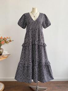 Rusttydustty 大码女式蓝色度假波西米亚碎花短袖荷叶边连衣裙，黑色夏季优雅款 - 黑色 - 查看 2