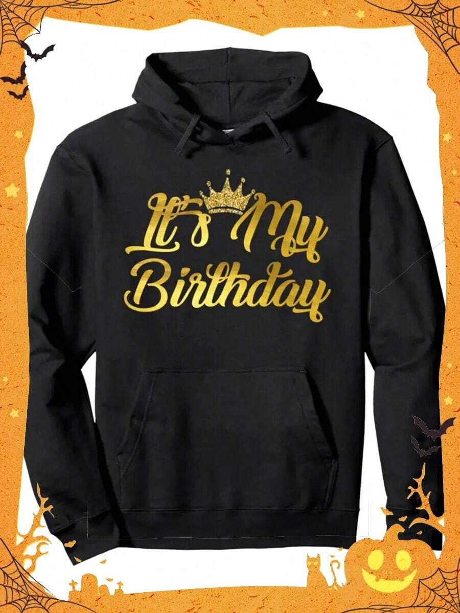 1pc Men'S Casual Cotton Blend Hoodie With It'S My Birthday  Print - Long Sleeve, Regular Fit, Pullover With  Pocket, Lightweight & Breathable, Y Birthday Sweatshirt For Spring-Autumn,Fall Hoodies,Men's Fall Clothes,Street Wear,Halloween,Mens Hoodies,Y2k Clothes,Jesus Hoodie,Thanksgiving Day,Nightmare Before Christmas,Christmas - 黑色 - 查看 1
