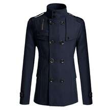 2025 Autumn Winter New Men's Wool Coat Men's Double-Breasted Slim Fit Stand Collar Mid-Length Wool Trench Coat - Navy Blue - View 1