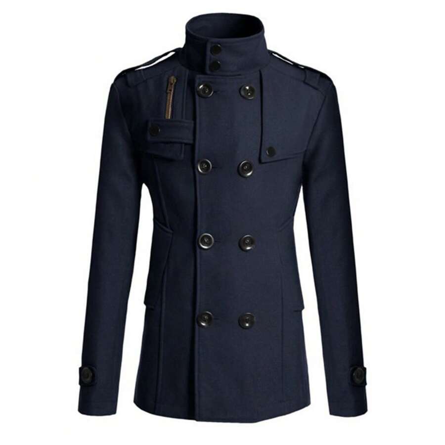 2025 Autumn Winter New Men's Wool Coat Men's Double-Breasted Slim Fit Stand Collar Mid-Length Wool Trench Coat - Navy Blue - View 1