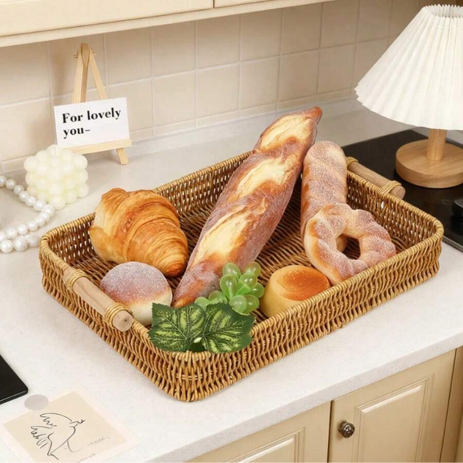 Handwoven Rattan Fruit Basket, Bread Basket, Household Storage Basket With Dual Handles, Living Room Decor