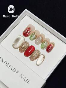 1 包/10 件圣诞指甲，纯手工椭圆形猫眼圣诞指甲，秋季按压指甲 | 节日红金冬季按压指甲，具有 3D 效果 - 女士优雅节日美甲套装，丙烯酸按压指甲 - 彩色 - 查看 1