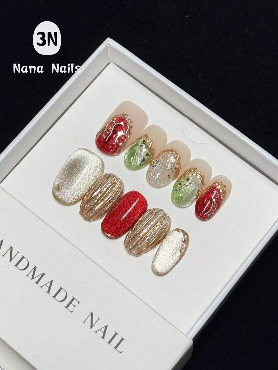 1 包/10 件圣诞指甲，纯手工椭圆形猫眼圣诞指甲，秋季按压指甲 | 节日红金冬季按压指甲，具有 3D 效果 - 女士优雅节日美甲套装，丙烯酸按压指甲 - 彩色 - 查看 1