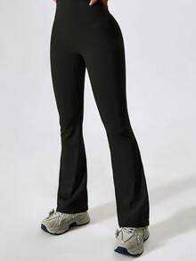 女士纯色提臀紧身裤，高腰健身打底裤，喇叭裤腿瑜伽裤 - 黑色 - 查看 2