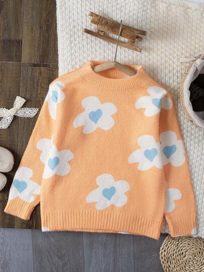 1 pieza Suéter holgado informal de punto para niñas, suéter de cuello redondo con estampado floral adecuado para viajes y como regalo, otoño/invierno