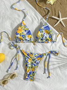Bộ bikini 2 mảnh in hình chanh, thiết kế buộc dây với mặt dây chuyền hình chanh trang trí, thích hợp cho kỳ nghỉ biển, tiệc bể bơi và dã ngoại mùa hè. - Nhiều màu - Xem 4