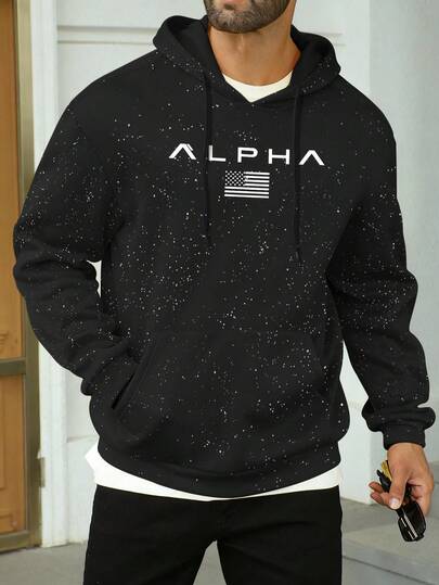 Herren Schwere Hoodie Sweatshirt, amerikanischer Retro Street-Style, "Alpha" Buchstabe bedruckter Kapuzenpullover, lässig weite langärmlige Pullover für Herbst & Winter, dickes weiches Material, Herren Oberteil für den täglichen Gebrauch