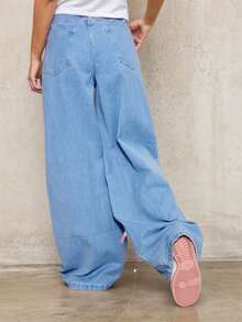 Retro Bow Tie High Waist Wide Leg Jeans, Loose Distressed Denim Pants For Women