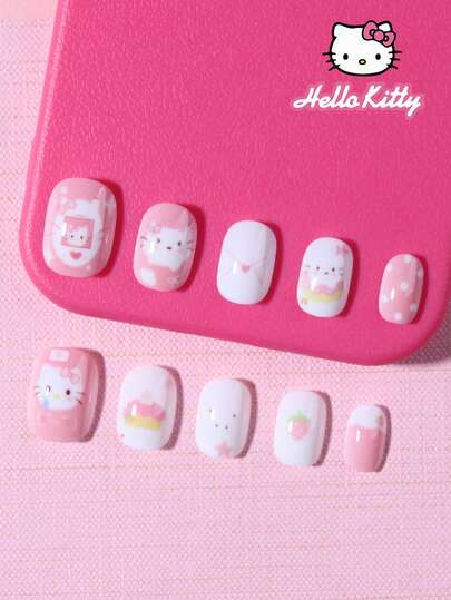Sanrio Sanrio Hello Kitty 24pcs Short Square French Tip Nails Cute 3d Hello Kitty Press-On Nails Fit Perfectly Acrylic Fake Nails Set, Hello Kitty Nail ,Nail Art For Girl And Child Daily Wear And Family Gathering Use,Pink Girl Style
