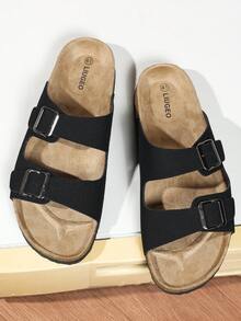 Fashionable Casual Black Suede Double Strap Mule Slippers, Adjustable Dual Metal Buckle Non-Slip Soft Cork Bottom Slip-On House Slippers, Suitable For Christmas, Halloween, Home, Date, Strolling, Commuting, Party, Beach