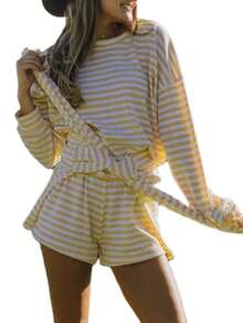 Womens Striped Sweater Set Oversized Lounge Sets Matching Pajamas Long Sleeve Sweater Top And Shorts - 黃色 - 查看 4