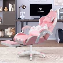Pink Gaming Chair For Girls With Cat Paw Lumbar Cushion & Cat Ears, Ergonomic Reclining Computer Chair With Footrest & Headrest For Kids & Adults - 白色 - 查看 7