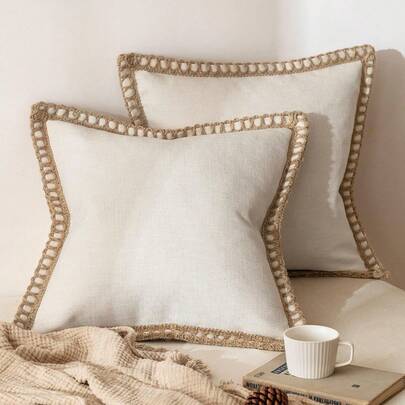 1pc (Without Inner Cushion) Faux Linen Rope Edged Throw Pillow Cover For Living Room, Bedroom, Dining Room, Patio, Weddings, Home Decor, All Seasons