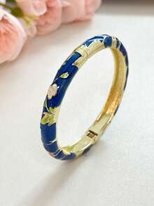 1 pieza Brazalete de estilo vintage con esmalte floral dorado, brazalete dorado, accesorio de joyería para niñas y mujeres, adecuado para uso diario y regalos festivos