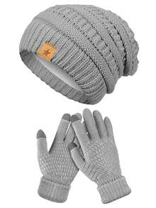 2Pcs Women Winter Beanie Hat Gloves Set 1 Pc Warm Knitted Hats And 1 Pair Touchscreen Gloves Women Lady Cold Winter Gifts Winter Warm