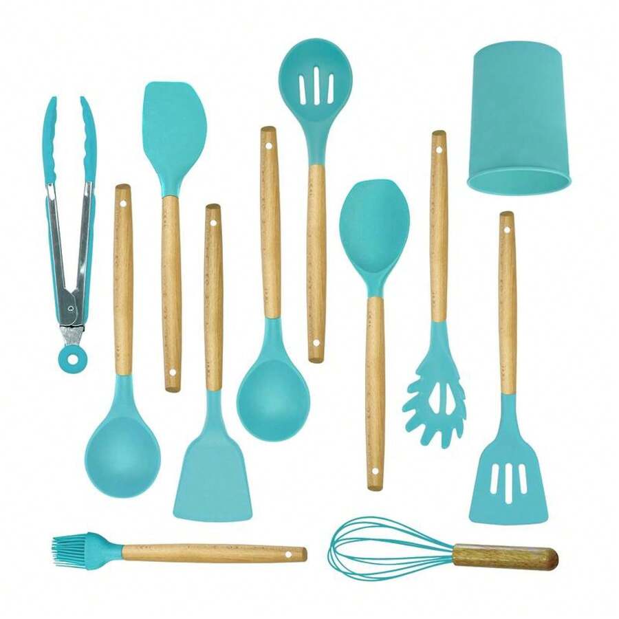AEX Kitchen Cooking Utensils Set, 12 Pcs Non-Stick Silicone Cooking Kitchen Utensils Spatula Set With Holder Cookware Wooden Sturdy Hanging With Plastic Pot Stirring Pink Kitchenstuff - Light Turquoise Blue - View 1