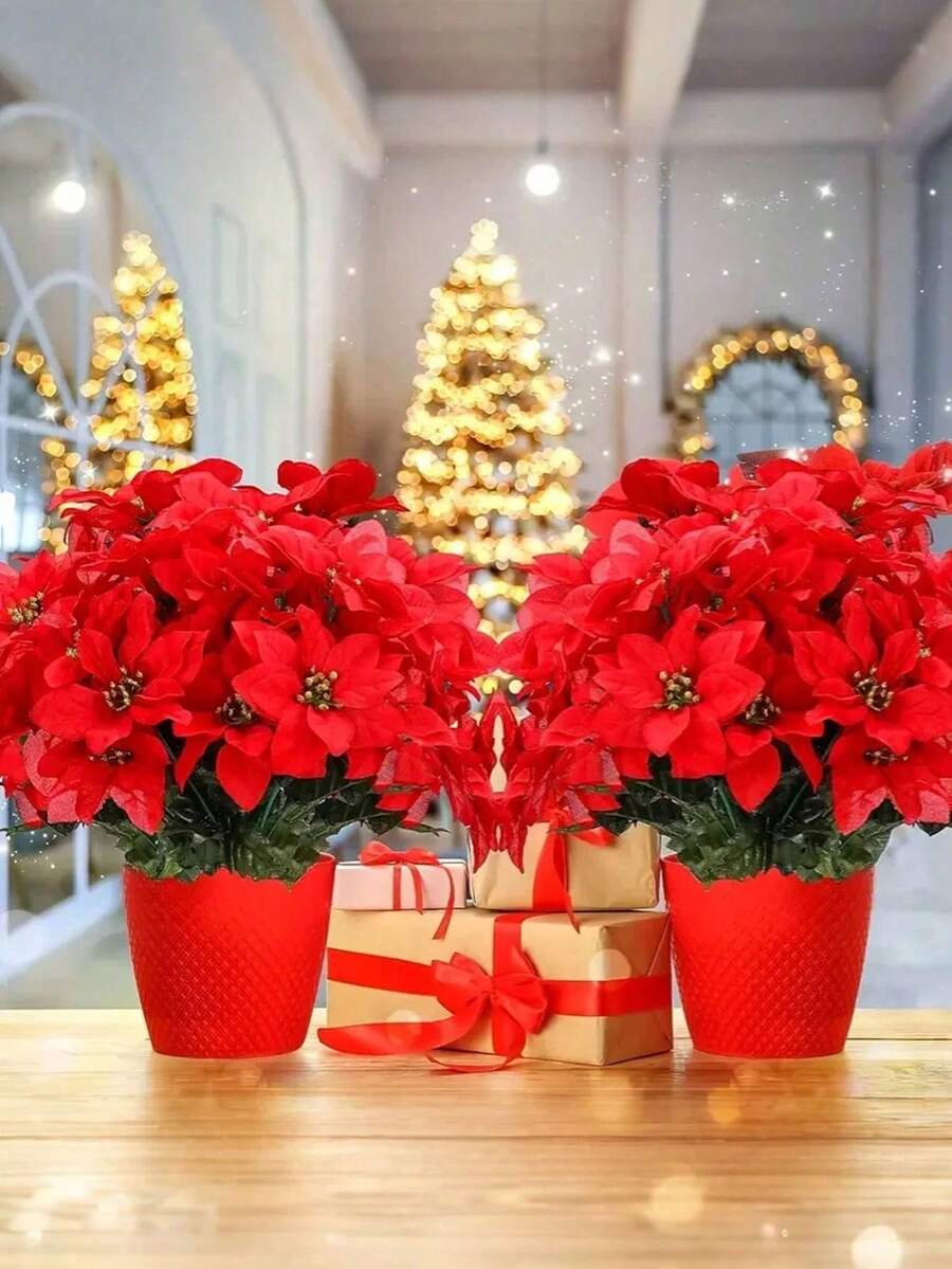 2pcs-Artificial Poinsettia Flowers, Artificial Grade Red Flowers,7 Heads Red Christmas Flowers,Fake Shrub Poinsettia Flowers For Home Christmas Tree Table Wedding Decoration Home Decoration,For Xmas Table Centerpieces Vase Fillers Winter Holiday Decor,Indoor Outdoor Home Porch Decor,Home Porch Xmas Tree Garden Home Decor Christmas Decorations Room Decor,Christmas Decoration,Christmas Ornaments For Tree - Multicolor - View 1