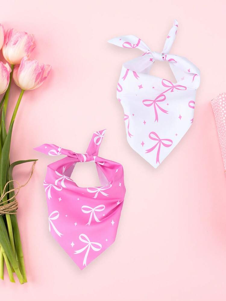 Set de 2 baberos triangulares rosas para mascotas, bandana con estampado de moño rosa, babero para babeo de gato o perro, accesorios para mascotas, decoración de disfraz para gatos y perros en días festivos - Rosa - Añade 5