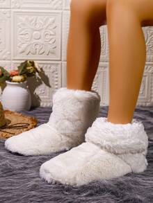 Pantufas femininas de pelúcia de tecido fofo de cor sólida, pantufas de lã quente para ambientes internos, botas peludas de outono/inverno, sapatos femininos para casa - Branco - Ver 4