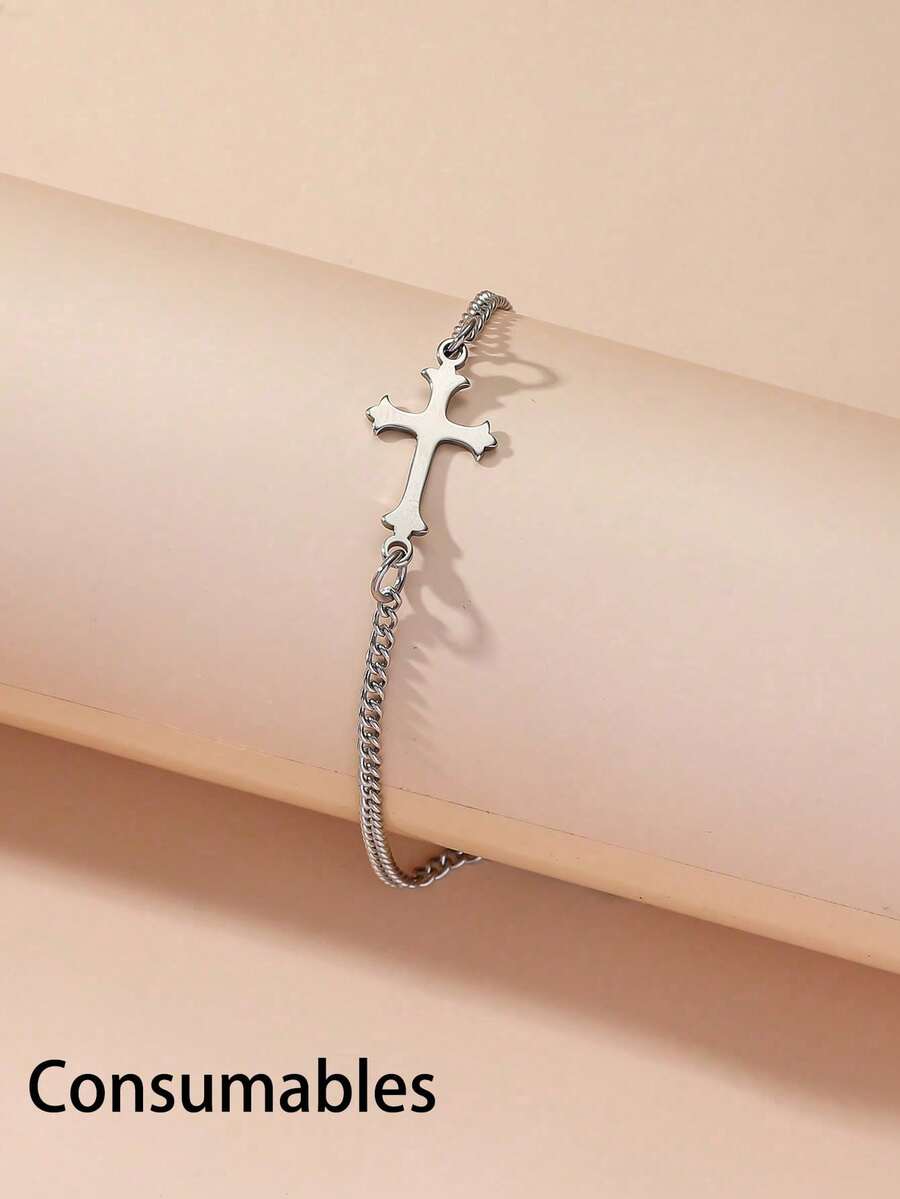 1pc Fashionable Stainless Steel Cross Decor Bracelet, Suitable For Women's Daily Accessories (Consumables) - Silver - View 1