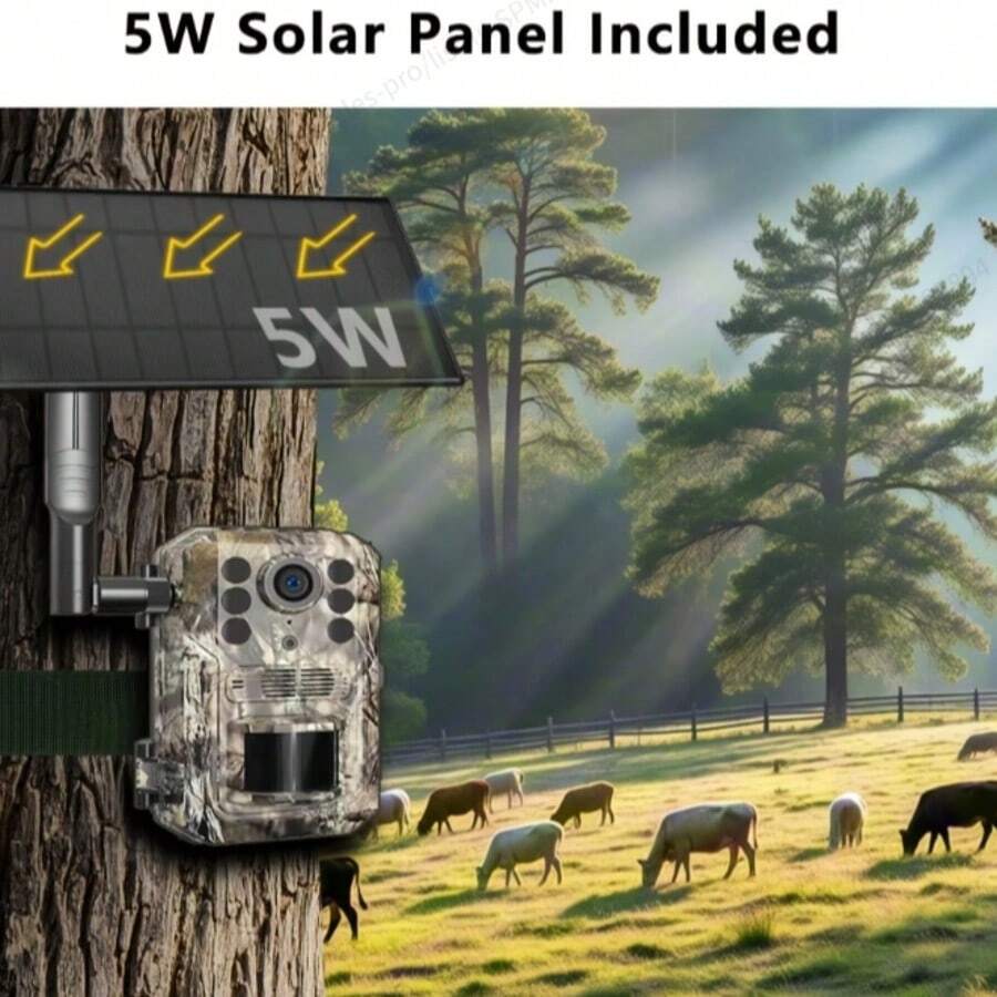 Cámara de sendero 4K 4G con panel solar, sensor de movimiento PIR, visión nocturna, almacenamiento en la nube y local, ABS, portátil, montaje en árbol, control de aplicación, batería de litio de 7800mAh, con panel fotovoltaico extraíble para caza y