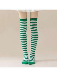 1 Pair Christmas Over-The-Knee High Socks,Women Striped Christmas Costume Over-The-Knee Socks, Green & White Striped Thigh High Warm Stockings For Winter,A Variety Of Colors, Stylish Photo Props,Gifts For Friends, Christmas Party Decorations Home Decor Christmas Decorations Room Decor