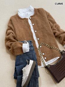 Pull élégant et décontracté pour l'automne et l'hiver, texture de fil peluché imitant le vison, confortable, avec boucle coquillage, col rond, manches longues, tricot, grande taille. Vêtements d'automne et d'hiver pour femmes, hauts d'automne, tenue de travail/bureau, décontracté chic