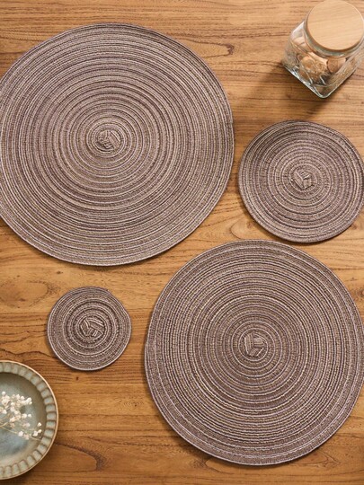 1 Set (Placemats + Coasters) Nordic-Inspired Placemats, Round Ramie Woven Placemats, Innovative Table Mats, Japanese-Style Household Placemats, Heat-Insulating Placemats, Decorative Accent Mats, Heat-Resistant Mats For Home Use, And Elegant Table Decorations Suitable For Hotels And Family Gatherings