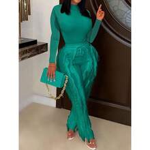 CALEBGAR Women's 2 Piece Dance Outfit Long Sleeve Fringe Top & Athletic Pants, Fall Winter Performance Wear For Dance Party, Casual Lounge Sets - màu xanh lá - Xem 3