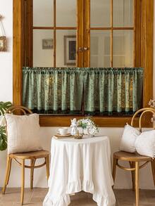 1pc Beige Plaid Small Curtain Panel, Japanese Style Cafe Curtain With Tassel Trim, Rod Pocket Kitchen Curtain, Living Room Bedroom Window Decor, Cabinet Covering Curtain, Home Decor - Dark Green - View 4