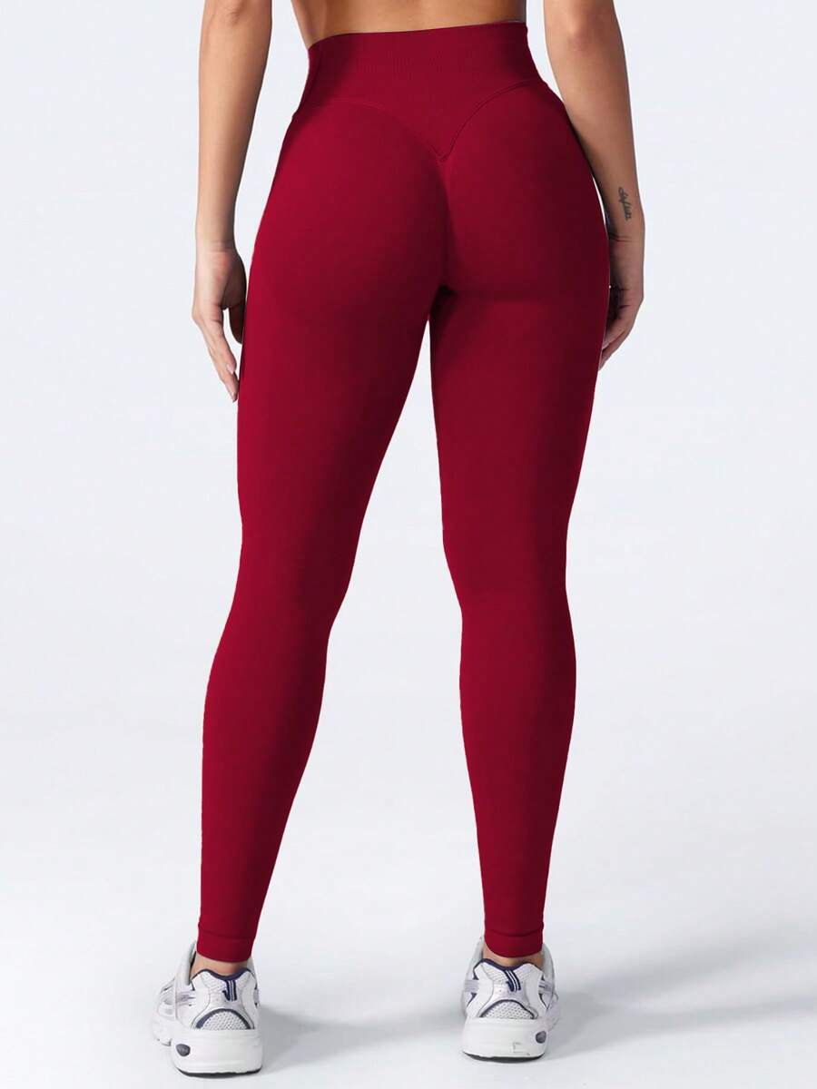Seamless Impact Legging For Women, Mid Low Waist Hidden Scrunch Seamless Impact Leggings Scrunch Workout Leggings Tummy Control Butt Lifting Gym Yoga Pants Seamless Yoga Leggings, Ladies Sportswear For Indoor Outdoor Wear, Gym Clothes - 酒紅色 - 查看 1