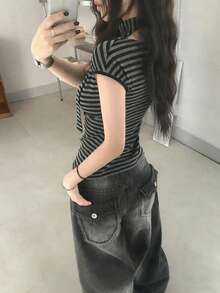 系带缎带设计条纹短袖T恤，甜辣风格，显瘦腰身，百搭休闲上衣，黑色 - 黑色 - 查看 2