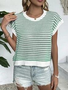 Knit Mix ملابس علوية نسائي أنيق محبوك بأكمام بلا أكمام، ألوان متناسقة، رقبة دائرية، دانتيل، فضفاض، مناسب للعطلات الربيعية والصيفية، ملابس نسائية مناسبة للعيد والشتاء والعودة للمدرسة