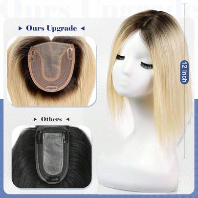 5"X5.5" Base 12" Medium Brown & Dark Golden Clip-In Human Hair Extensions, Can Cover Sparse Hair & Gray Roots For Women