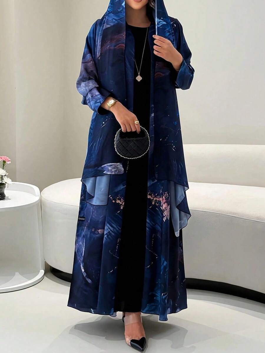 1 Bộ áo choàng dài tay in họa tiết nhuộm loang thời trang & thanh lịch + khăn trùm đầu - Dodge Blue - Xem 1