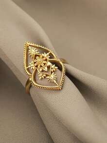 1 pieza Anillo de flor hueco de moda para mujeres y hombres, color dorado, de acero inoxidable con diseño geométrico, joyería estética para boda, regalo de pareja