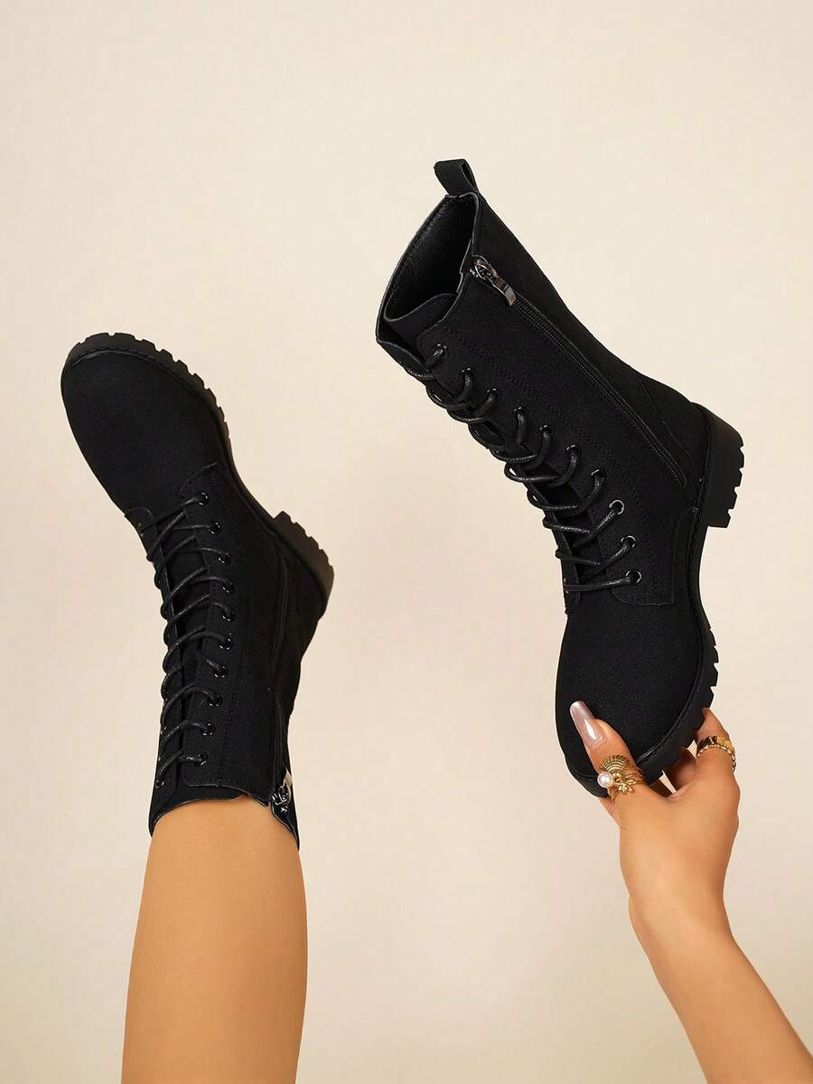 Botas de mujer de moda versátiles con cordones, hasta el tobillo/media pantorrilla/motocicleta, botas de tobillo, botas altas antideslizantes, botas casuales y cómodas con cremallera lateral para montar al aire libre, botas negras, botas de otoño/invierno, botas para exteriores, botas por encima de la rodilla - Negro - Ver 1