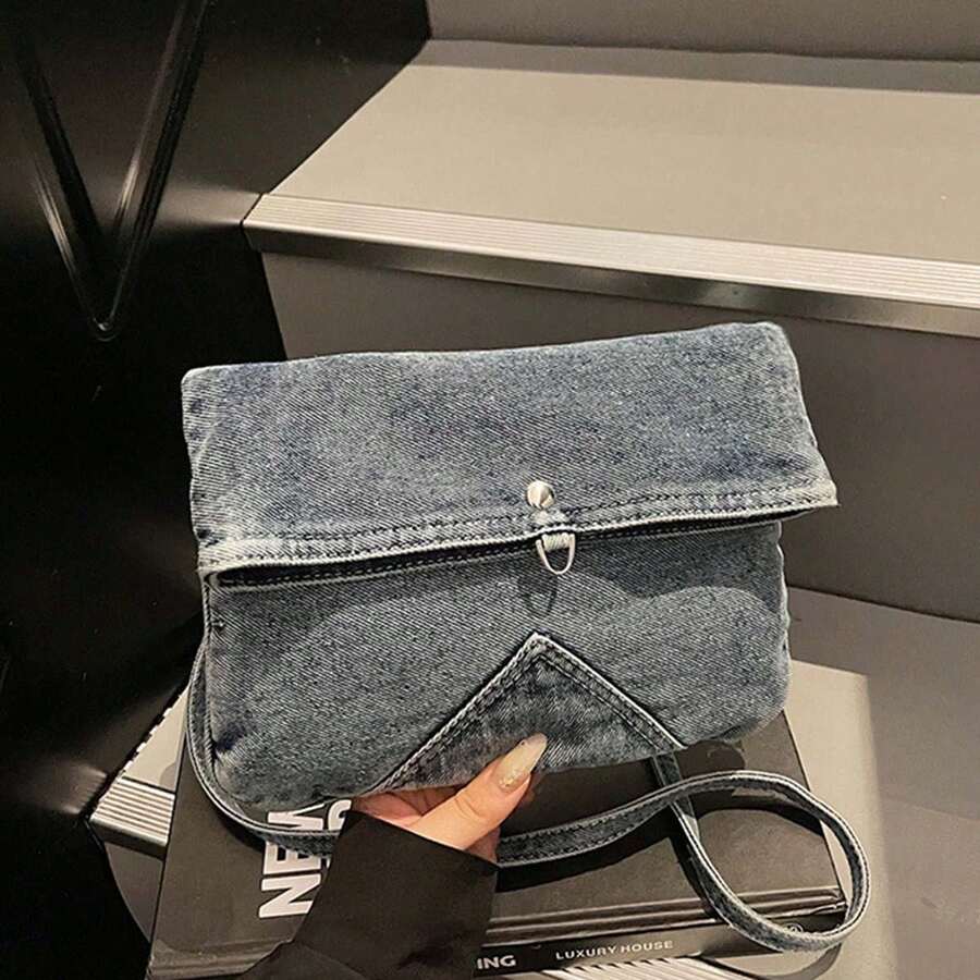Women's Denim Shoulder Bag With Magnetic Snap Fashionable Adjustable Crossbody Bag For Work, Travel - Blue - View 1