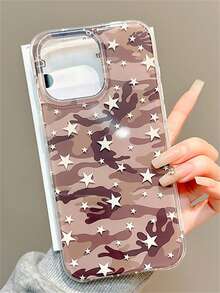 Retro Luxury Camouflage Pink Star Pattern Protection Phone Case Compatible With IPhone 17 Pro Max 16 15 14 13 11 12 Pro Max 16 15 14 Plus Creative Cute Shockproof Soft Bumper Anti-Drop Cover - Brown - View 4