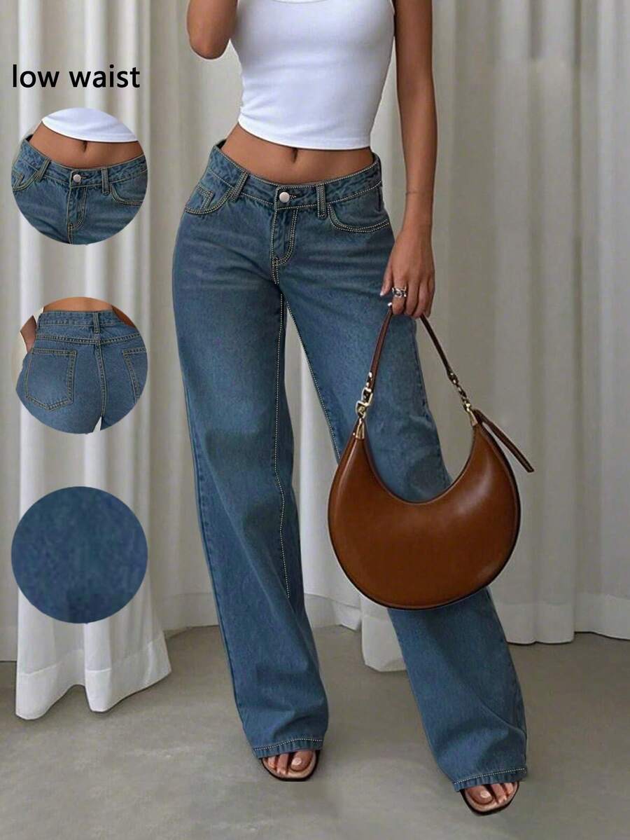 Nuevos jeans de mujer de moda casual, versátiles y de uso diario, de cintura baja, sueltos y de pierna recta, para primavera - Azul lavado oscuro - Ver 1