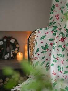 1 Stück Weihnachts-Fenstervorhang mit grünen Blättern, roten Beeren und Quasten, Herbstdekoration, schafft festliche Atmosphäre, geeignet für Wohnzimmer, Küche, Zuhause, Feiertags-Dekoration, Geschäfte, Cafés