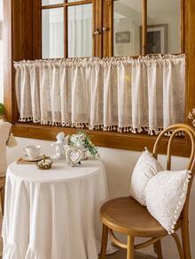 1 pièce Panneau de rideau à carreaux beige, rideau de style japonais pour café avec garniture à franges, rideau de cuisine à passant pour tringle, décoration de fenêtre pour salon et chambre à coucher, rideau de recouvrement d'armoire, décoration d'intérieur