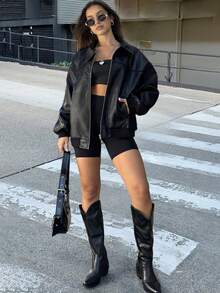 Women's Black Oversized Faux Leather Jacket, Casual Zip - Up Bomber Style - màu đen - Xem 4