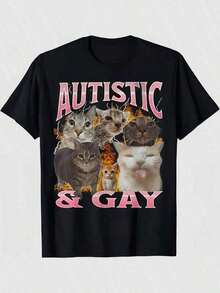 Men's Autistic & Gay Humorous Graphic-Shirt - Black With Pink Lettering & Playful Feline Design, Regular Fit Short Sleeve Casual Tee Adults, Washable, Tshirt, Allseason Apparel, Bold Statement Shirt, Digital Heat Transfer, Everyday Outfit, Quirky Style, Comfortable Fit, Humor Enthusiastsvintage Shirts Graphic Tees Men Camisas Para Hombre Funny Shirts Fathers Dad, 4th Of July Matching Outfits - 黑色 - 查看 2