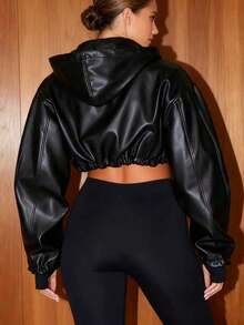 Jachetă la modă cu mânecă lungă și fermoar, scurtă, croită, din piele ecologică, cu glugă