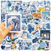 50 piezas de pegatinas multiusos con temática de dopamina de dibujos animados y graffiti azul, decorativas para guitarra, cuaderno, equipaje, impermeables para manualidades DIY