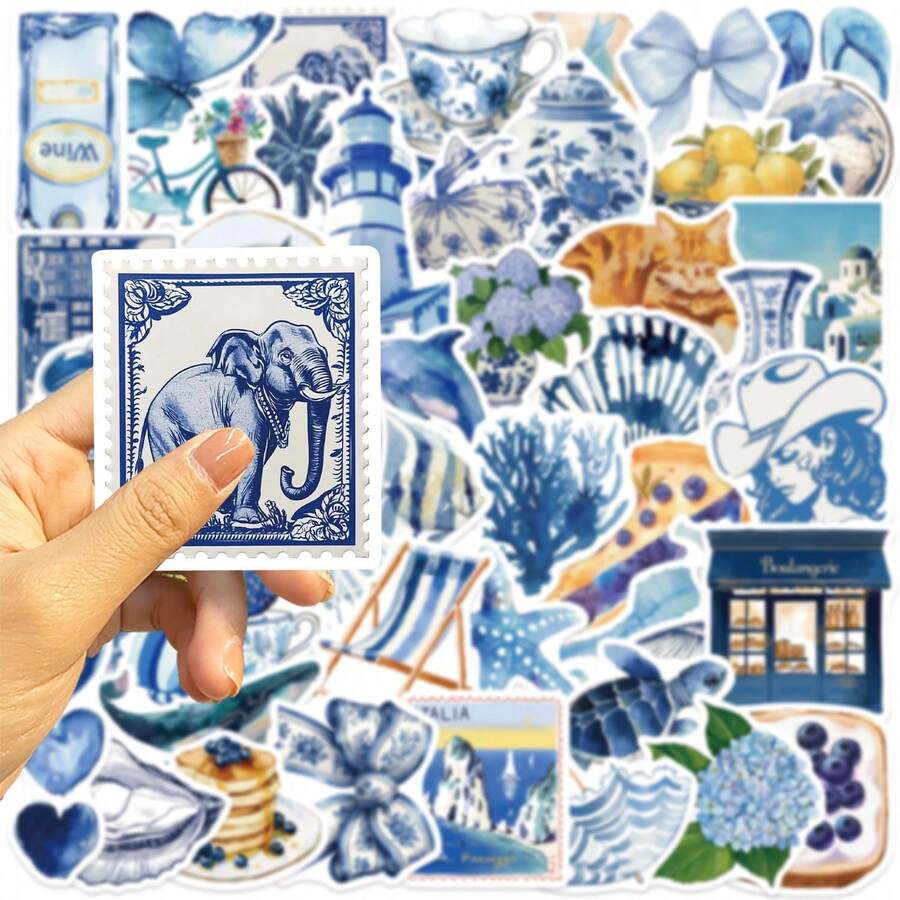 50 piezas de pegatinas multiusos con temática de dopamina de dibujos animados y graffiti azul, decorativas para guitarra, cuaderno, equipaje, impermeables para manualidades DIY