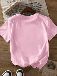 Playera para mujer estilo dulce colegial lazo rosa bordado algodón color rosa corte holgado cuello redondo manga corta primavera verano para uso casual y citas - Rosa - Ver 2