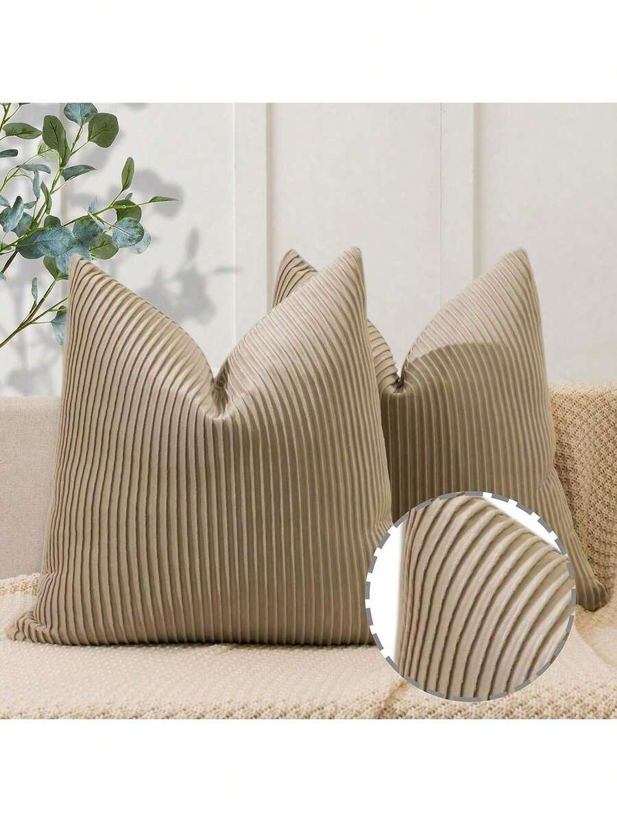 1 chiếc (Không bao gồm ruột gối) Vỏ gối trang trí họa tiết sọc nhung, Vỏ gối trang trí nhà sang trọng cho ghế sofa, giường - Màu Khaki - Xem 1